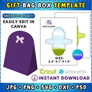 May include: A purple gift bag box template with a white bow and the text "GIFT BAG BOX TEMPLATE". The sheet size is 8.5 x 11 inches. The design includes a "DRAG & DROP" element and is easily edited in Canva. The size is 2.4" x 1" x 1.9".