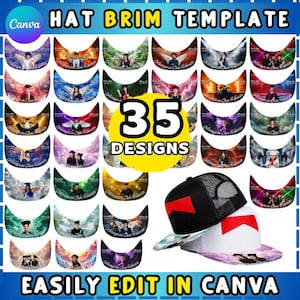 May include: A collection of 35 hat brim designs with graduation themes, displayed with a black and white trucker hat. The designs are easily editable in Canva. The text "HAT BRIM TEMPLATE" and "35 DESIGNS" are visible.