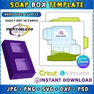 Puede incluir: Una plantilla de caja de jabón morada con dos ventanas rectangulares, junto a un diseño plano de la caja. El texto dice "SOAP BOX TEMPLATE", "SHEET SIZE: 30.5cm x 30.5cm", y "EASILY EDIT IN CANVA". El diseño es para descarga instantánea.