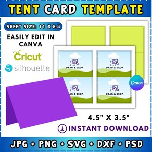 May include: A tent card template with the text "TENT CARD TEMPLATE". The sheet size is 11 x 8.5 inches. The design includes "DRAG & DROP" sections and is easily editable in Canva. The template is available for instant download in JPG, PNG, SVG, DXF, and PSD formats.