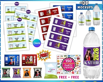 2026 Graduation Water Bottle Labels Canva Template,  Editable Bottle labels, Graduation Party Favor, Class of 2026, Water Bottle, Chip bag