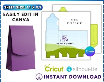 Modello per scatola bomboniera, modello per sacchetto regalo, bomboniera matrimonio SVG, etichetta per sacchetto regalo, scatola compleanno SVG, scatola bomboniera modificabile trascina e rilascia su Canva