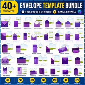Peut inclure: Un ensemble numérique de plus de 40 modèles d'enveloppes aux designs violets variés, incluant des styles classiques, carrés, festonnés et en forme de cœur. Le lot comprend des logos, des autocollants et des fichiers Canva modifiables en formats JPG, PNG, SVG, DXF, PSD, AI et EPS.