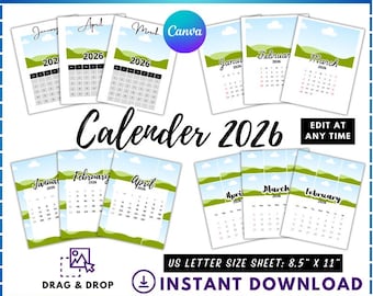 2026 Calendar Canva Templates, 2026 Calendar Template with Photos Frames, Custom Photo Calendar, 2026 Calendar Template, Canva Drag and Drop