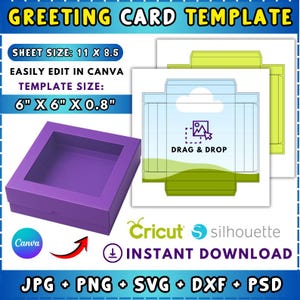 Puede incluir: Una plantilla de caja de tarjetas de felicitación morada con una ventana transparente, junto con un diagrama de diseño de tarjeta. El texto incluye "GREETING CARD TEMPLATE", "TAMAÑO DE HOJA: 27.9 cm x 21.6 cm", y "TAMAÑO DE PLANTILLA: 15.2 cm x 15.2 cm x 2 cm".