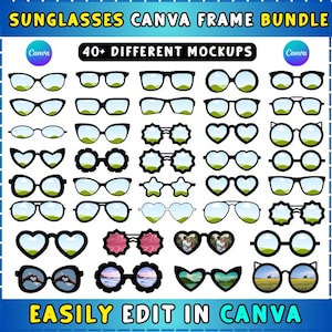 Puede incluir: Una colección de maquetas de gafas de sol en varias formas y estilos, incluyendo monturas redondas, cuadradas, en forma de corazón y de estrella. La imagen incluye el texto "SUNGLASSES CANVA FRAME BUNDLE" y "40+ DIFFERENT MOCKUPS". También está presente el texto "EASILY EDIT IN CANVA".