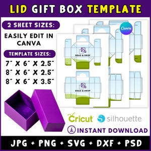 Puede incluir: Plantilla de caja de regalo con tapa morada con el texto "LID GIFT BOX TEMPLATE". Los tamaños de la plantilla son 17,8 cm x 15,2 cm x 6,4 cm, 20,3 cm x 15,2 cm x 6,4 cm y 20,3 cm x 15,2 cm x 8,9 cm. Incluye opciones de descarga instantánea.
