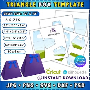 May include: A digital template for triangle boxes, with a sheet size of 12" x 12". The image shows two assembled purple boxes with blue bows, and several flat, unfolded templates. Five sizes are listed, including 3.1" x 2.0" x 2.4" and 6" x 3.5" x 3.5".