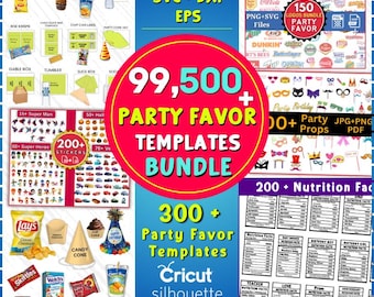 99500+ Party Favor Template Bundle, Party Favor Mockups, Chip Bag Water Bottle Label Shoe Box Template, Nutrition Facts, Canva Editable, Svg