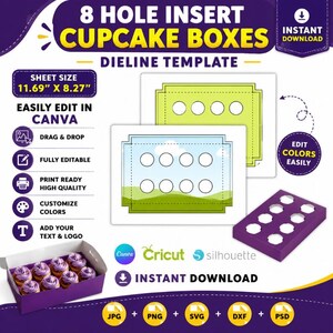 Cupcake Box Template, 8 Hole Insert Cupcake Box, Cupcake Holder Template, Party Favors, Gift Box, Packaging Box, Treats Box Drag & drop, DIY