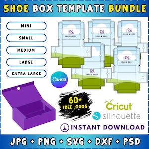 May include: A purple shoe box template bundle with various sizes: mini, small, medium, large, and extra large. The image includes shoe box designs, the Canva logo, and the text "60+ FREE LOGOS" and "INSTANT DOWNLOAD".