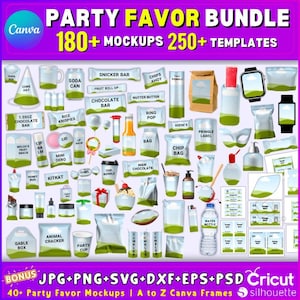 May include: A digital graphic showcasing a party favor bundle with various mockups and templates. The image features a variety of party favor items, including snacks, drinks, and accessories, with the text "PARTY FAVOR BUNDLE" and "180+ MOCKUPS 250+ TEMPLATES".
