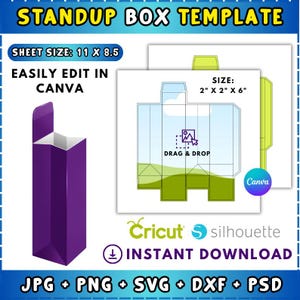Puede incluir: Una plantilla de caja vertical morada con el texto "STANDUP BOX TEMPLATE". El tamaño de la hoja es de 27,9 x 21,6 cm. Fácilmente editable en Canva. La caja mide 5,1 x 5,1 x 15,2 cm. Descarga instantánea de JPG, PNG, SVG, DXF y PSD.