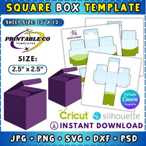 May include: A purple square box template with the text "SQUARE BOX TEMPLATE". The sheet size is 12" x 12", and the box size is 2.5" x 2.5". Includes "INSTANT DOWNLOAD" in JPG, PNG, SVG, DXF, and PSD formats.