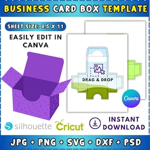 Op de afbeelding: Een sjabloon voor een visitekaartjesdoos met de tekst "BUSINESS CARD BOX TEMPLATE". De afbeelding bevat een paarse doos, een wit vel met een visitekaartontwerp en de tekst "SHEET SIZE: 8.5 X 11". Gemakkelijk te bewerken in Canva.