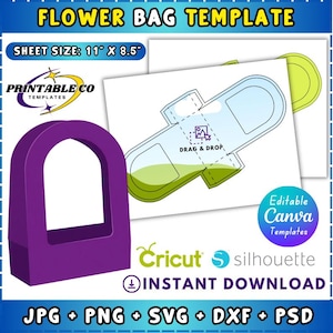Może przedstawiać: Fioletowy szablon torby na kwiaty z tekstem "FLOWER BAG TEMPLATE" i "SHEET SIZE: 27,9 cm x 21,6 cm". Zawiera projekt torby na kwiaty i tekst "DRAG & DROP". Zawiera również tekst "Editable Canva Templates" i "INSTANT DOWNLOAD".
