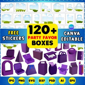 May include: An image showcasing a collection of party favor boxes in various designs and shapes. The image includes the text "120+ PARTY FAVOR BOXES" and "FREE STICKERS". The boxes are in shades of purple and are labeled with file format icons.