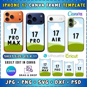 以下が含まれることがあります： iPhone 17 Canvaフレームテンプレート。オレンジ、ネイビー、白、緑の4つの電話モックアップ。各モックアップは「17」の数字が入った風景を表示。シートサイズは21.59 x 27.94 cm。JPG、PNG、SVG、DXF、PSD形式が含まれています。