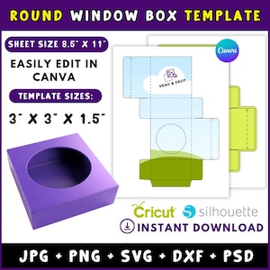 May include: A purple round window box template with the text "ROUND WINDOW BOX TEMPLATE". The template sizes are 3" x 3" x 1.5". The sheet size is 8.5" x 11". The image also includes the text "EASILY EDIT IN CANVA" and "INSTANT DOWNLOAD".