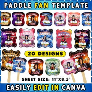May include: A selection of graduation paddle fan templates. Each fan design includes a graduate's photo, the words "Congratulations Graduate," and the year "2026." The sheet size is 27.9 cm x 21.6 cm. The text "EASILY EDIT IN CANVA" is also present.