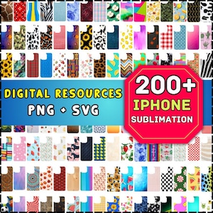 Op de afbeelding: Een verzameling iPhone sublimatie ontwerpen met verschillende patronen, waaronder dierenprints, bloemmotieven en geometrische vormen. De afbeelding bevat de tekst "DIGITAL RESOURCES PNG + SVG" en "200+ IPHONE SUBMLIMATION".