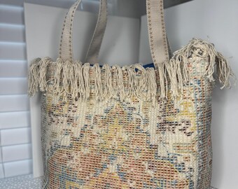 Boho Carpet Bag Tote with Fringe | Handmade Shoulder Bag | Blue Water Resistant Lining | Embroidered Straps | Large Woven Tote