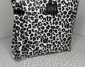 Leopard Print Vinyl Wristlet Bag \| Black & White Zipper Clutch \| Large Makeup Bag \| Water Resistant Lined Travel Pouch| Handmade Wristlet