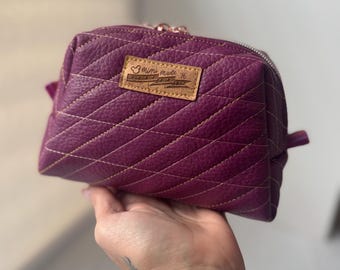 Plum Quilted Makeup Bag, Faux Leather Cosmetic Pouch, Small Toiletry Bag
