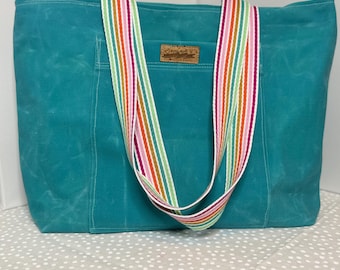 Turquoise Waxed Canvas Tote Bag, Rainbow Strap Shoulder Bag, Large Pocket Everyday Tote