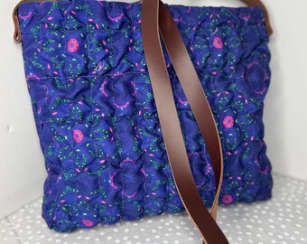 Handmade Canvas Crossbody Bag | Leather Strap Purse | Floral Shoulder Bag | Boho Everyday Purse | Quilted Ruffle Bag | Recessed Zipper Bag
