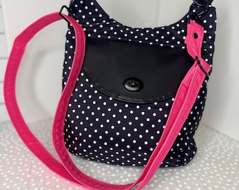Handmade Polka Dot Crossbody Purse | Water Resistant Canvas Bag | Adjustable Strap | Turn Lock Closure | Everyday Travel Purse