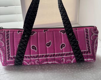 Pink Bandana Baguette Bag, Quilted Shoulder Purse, Wine Bottle Carrier