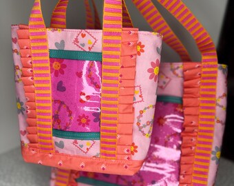 Mommy and Me Tote Bag Set, Mother Daughter Matching Bags, Pink Floral Canvas Tote, Clear Vinyl Pocket Bag, Handmade Gift