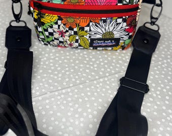 Handmade Floral Crossbody Bag | Waterproof Nylon Purse | Checkerboard Everyday Bag | Adjustable Seatbelt Strap | Matte Black Hardware