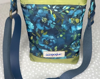 Handmade Blue Floral Crossbody Bag | Genuine Leather Strap | Bonded Nylon Mini Messenger | Hidden Cell Pocket | Lightweight Travel Purse