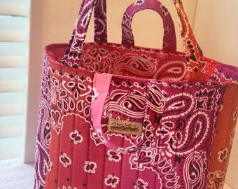 Quilted Bandana Tote Bag, Pink Orange Paisley Shoulder Bag, Handmade Large Tote, Two Handle Market Bag, Colorful Boho Tote, MimiMade