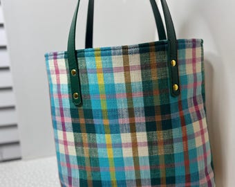 Plaid Flannel Tote Bag with Green Leather Handles, Structured Handmade Shoulder Bag