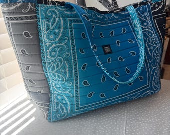 Oversized Blue Bandana Tote Bag | Quilted Paisley Market Bag | Large Handmade Carryall | Weekender Beach Craft Tote | Boho Western Bag