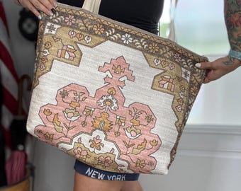 Rug Tote Bag, Large Carpet Shoulder Bag, Boho Floral Carryall