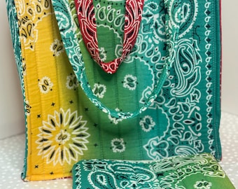 Bandana Patchwork Tote Bag with Matching Zipper Pouch, Colorful Quilted Shoulder Bag