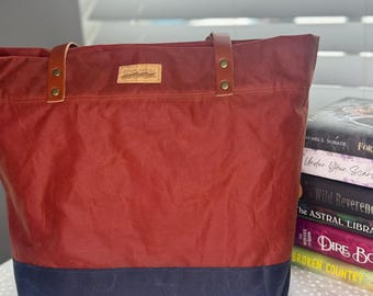 Handmade rust colored Waxed Canvas Tote Bag with Leather Straps secured with rivets– Durable Market Bag