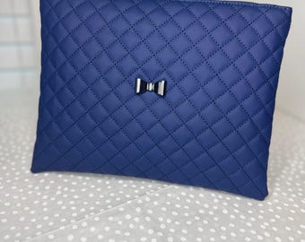Navy Quilted Faux Leather Makeup Bag | Handmade Cosmetic Pouch | Elegant Zipper Clutch with Silver Bow | Travel Toiletry Bag | Gift for Her