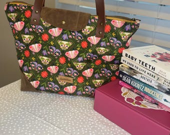 Handmade Floral Tote Bag with Leather Straps | Zippered Shoulder Tote | Everyday Shoulder Bag | Durable Market Bag