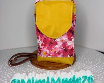Floral Phone Crossbody Bag | Handmade Bonded Nylon Purse | Genuine Leather Strap | Spring Floral Cell Phone Bag | Slim Everyday Travel Purse
