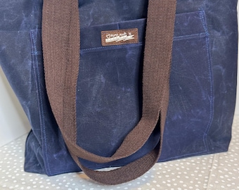 Navy Waxed Canvas Tote Bag, Blue Shoulder Bag with Pockets, Handmade Everyday Work Tote