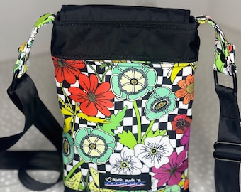 Handmade Floral Crossbody Phone Bag | Retro Checkerboard Mini Messenger | Hidden Phone Pocket | Bonded Nylon Bag | Adjustable Seatbelt Strap