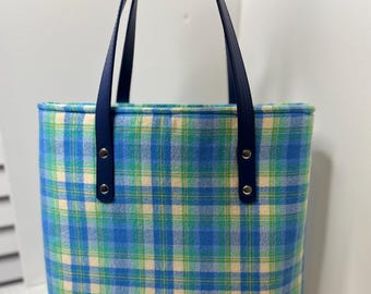 Blue Plaid Flannel Tote Bag with Navy Leather Handles, Handmade Structured Shoulder Bag