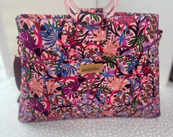 Floral Handbag with Ring Handles, Leather Crossbody Strap, Convertible Shoulder Bag