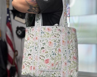 Quilted Floral Tote Bag, Large Two Handle Shoulder Bag, Botanical Everyday Tote