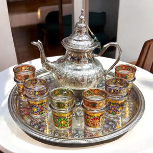 Large Moroccan Tea Set with 6 Glasses, Silver Tea Pot & Tray, Handmade Moroccan Tea Service, Mint Tea Set, Traditional Gift